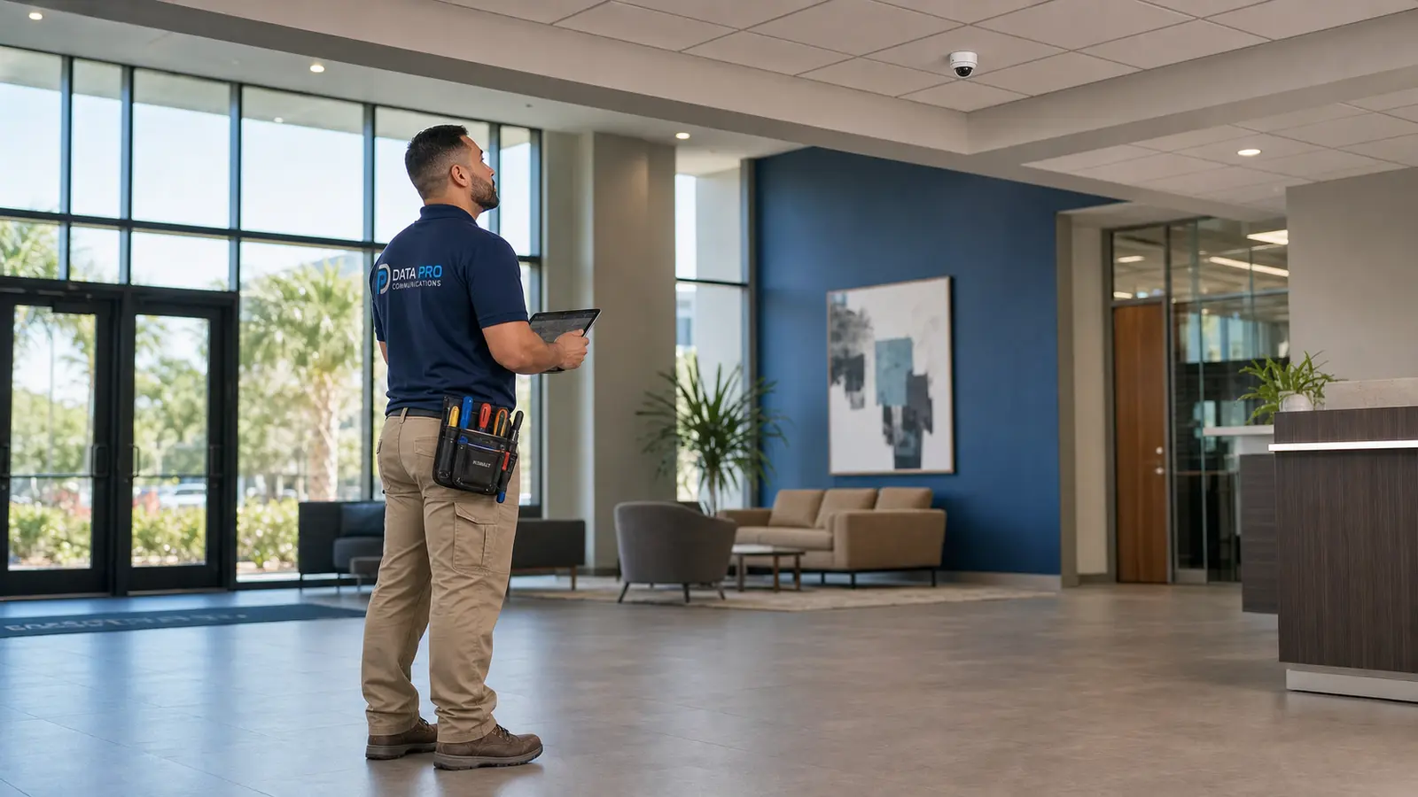 Data Pro Communications technician commissioning a ceiling-mounted commercial security camera in a finished Lakeland lobby